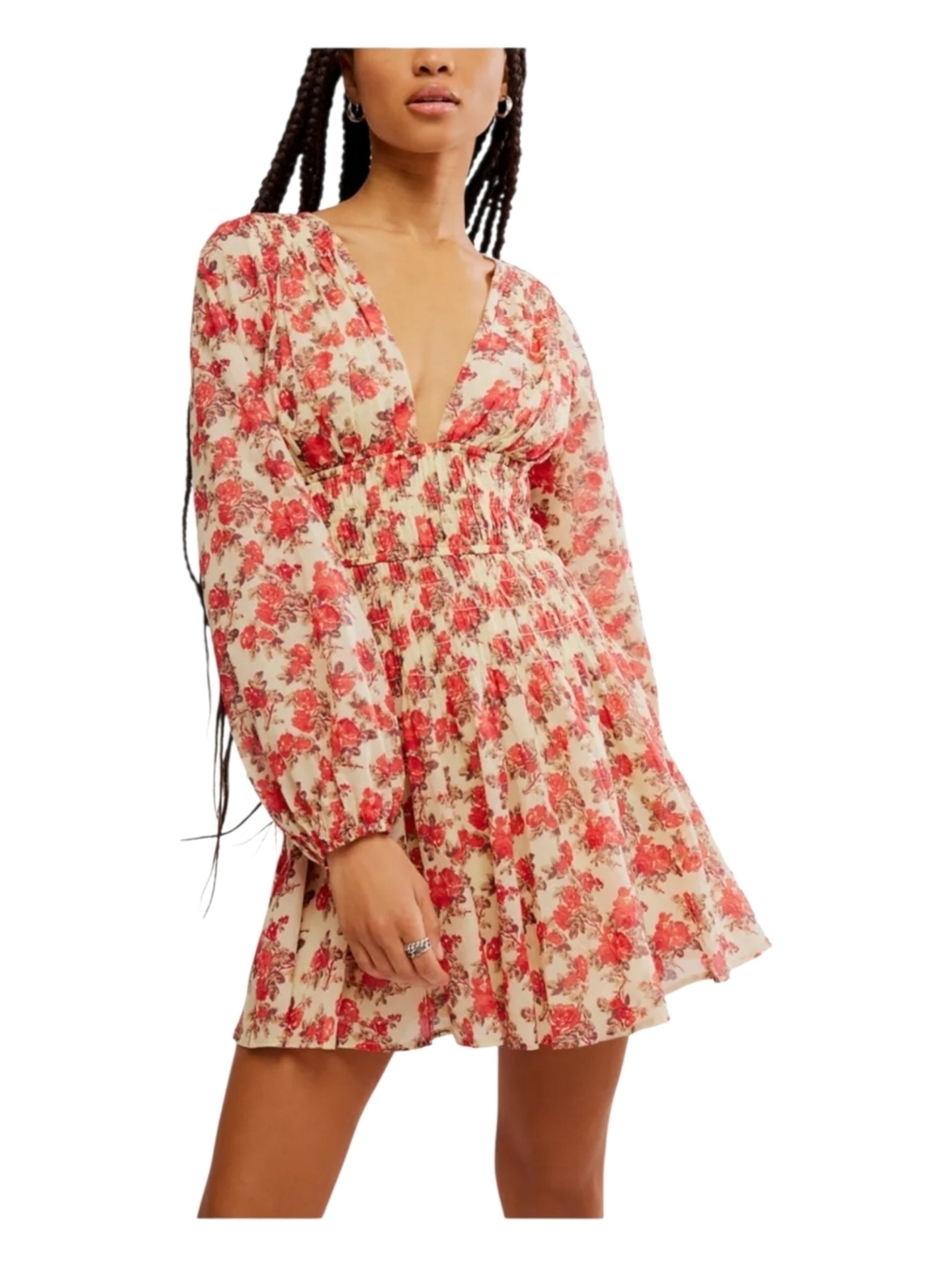 Free People Womens Pink Floral Keep You Mine Smocked Mini Dress Size XS